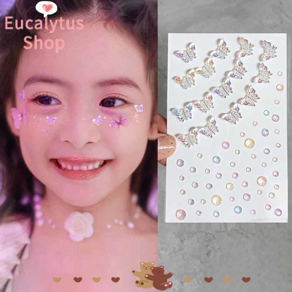 Eucalytus1 อัญมณีสติกเกอร์, Body แต่งหน้าผีเสื้อดอกไม้ Stars Hearts Face เครื่องประดับสติกเกอร์, Shinny กาวตกแต่งใบหน้าสติกเกอร์อายแชโดว์เด็ก