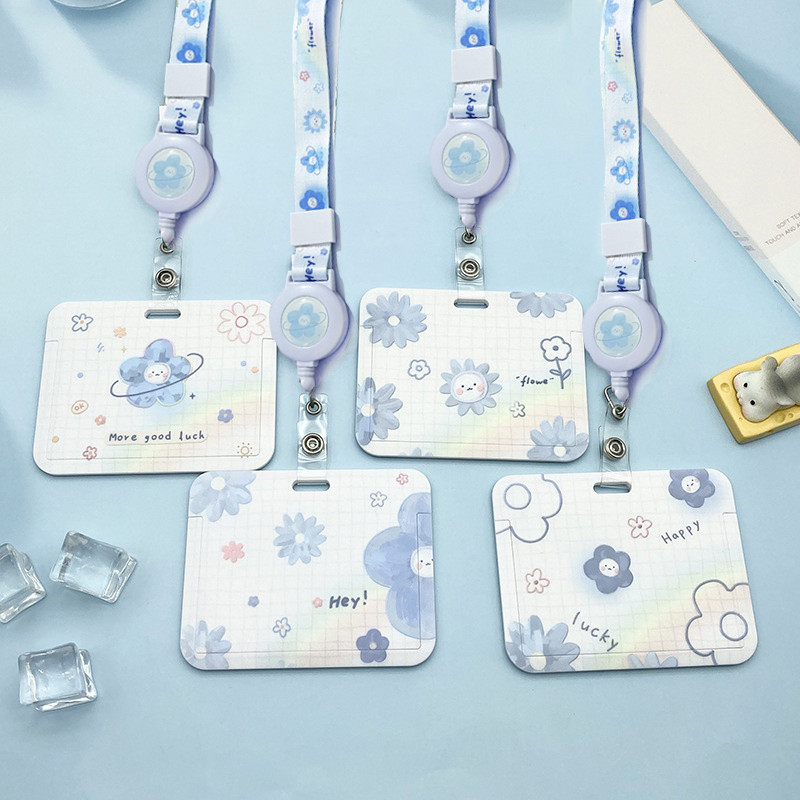 ดอกไม้สีฟ้าสดชื่นชื่อแท็กวิทยาเขตบัตรเข้าบัตรปก รหัส ผู้ถือป้ายฮาร์ดการ์ดแขนป้องกันที่มีเชือกเส้นเล็กยาวหด