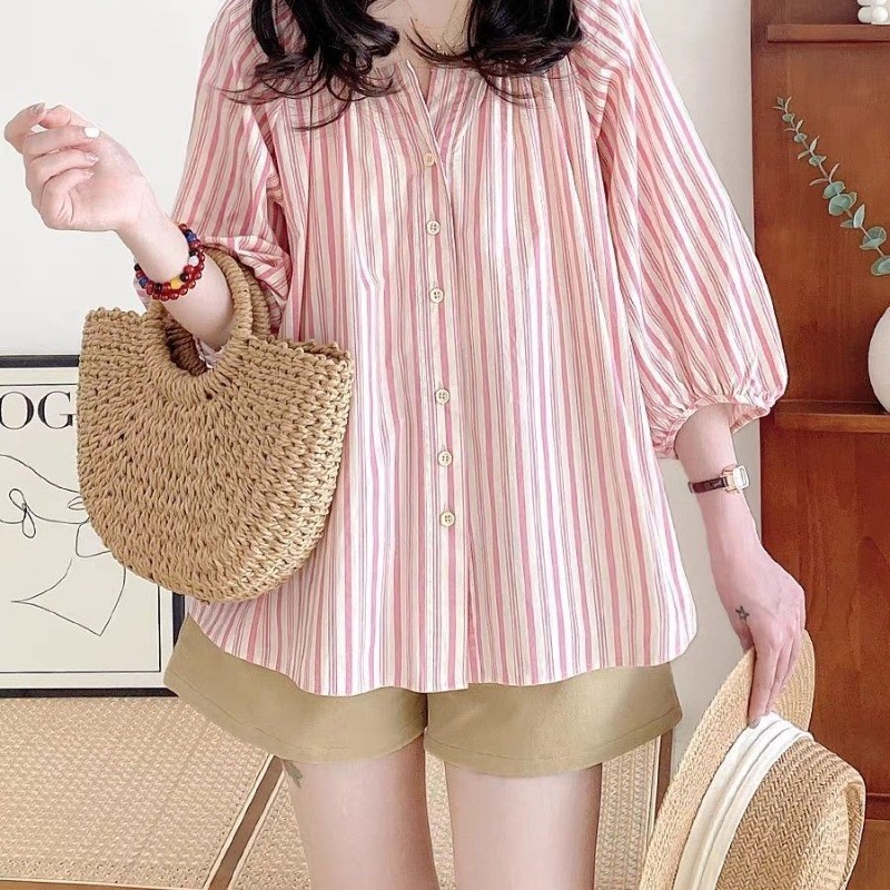🧡Crush🧡สีชมพู แถบ แขนสั้น เสื้อเชิ้ต หลวม เวอร์ชั่นเกาหลี สันทนาการ