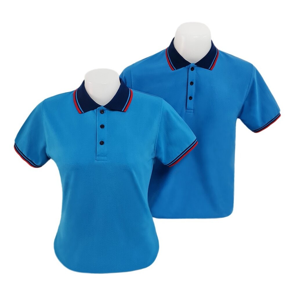 เสื้อโปโล คอปก สีฟ้า ปกกรมท่าขลิบฟ้า-แดง