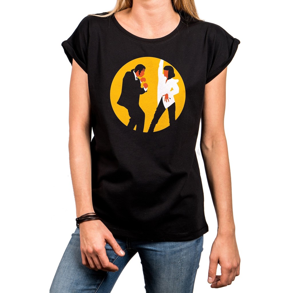 Cool ladies T-shirt with print, Mia & Vincent dancing, pulp, loose fit, large sizes, black, size XS 
