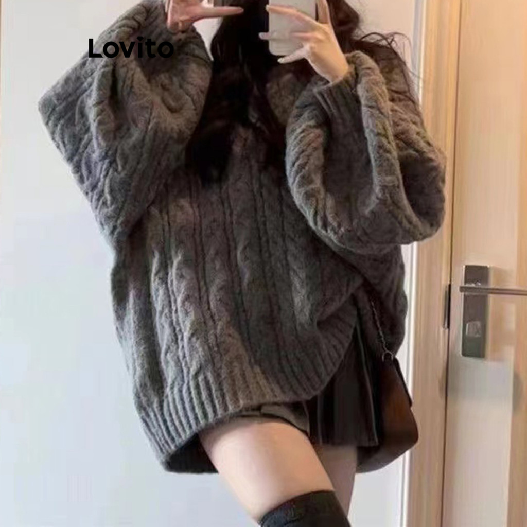 Lovito เสื้อกันหนาวลำลองธรรมดาธรรมดาสำหรับผู้หญิง LNA77888