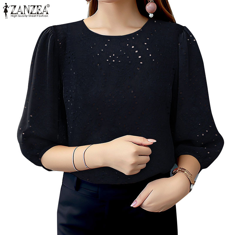 Zanzea ผู้หญิงแฟชั่น 3/4 แขนโคมไฟลูกไม้ Patchwork Hollow เย็บปักถักร้อยเสื้อลําลอง