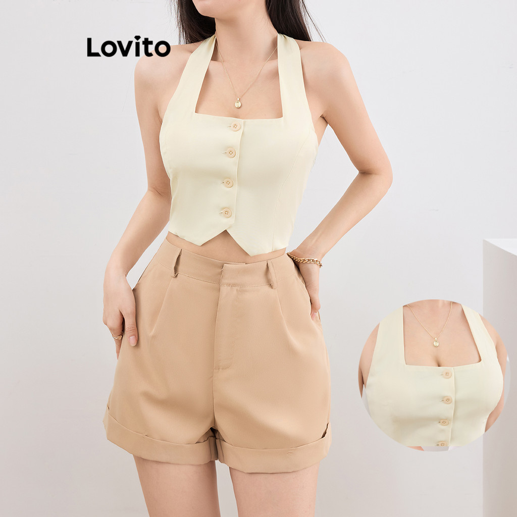 Lovito เสื้อกล้ามกระดุมเรียบหรูหราสำหรับผู้หญิง L109MD510