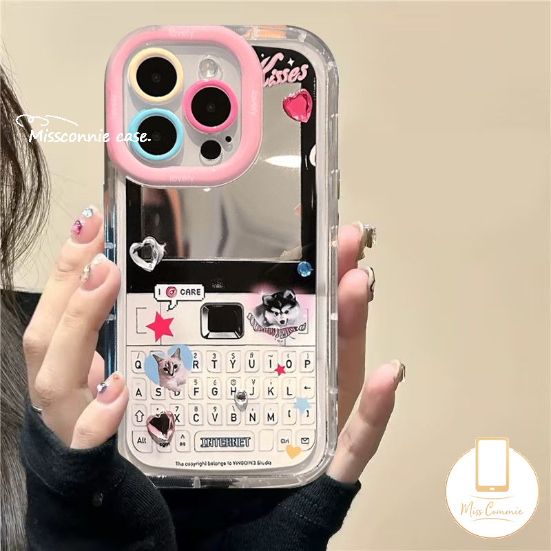 Vintage Touch Up Mirror Creative Keyboard Puppyลูกแมวสีโบว์สําหรับIPhone 16 11 15 12 14 13 Pro Max 7Plus XR XS Max X 8 16 15 7 Plus Luxury Loveสร้อยข้อมือกรณี