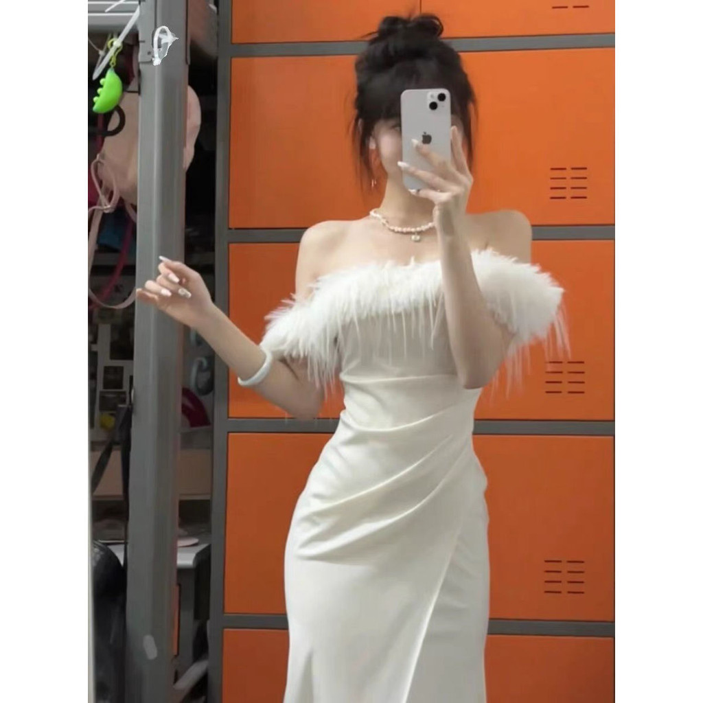 ชุดเดรสงานเลี้ยงวันเกิดขนปิดไหล่หรูหราฤดูใบไม้ร่วงของผู้หญิง