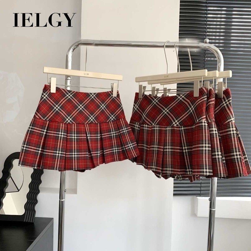 IELGY สไตล์วิทยาลัยลายสก๊อตสีแดงกระโปรงจีบกระโปรงผู้หญิงเอวสูงบาง เจเค กระโปรงสั้น ราคา ถูกที่สุด ดีลบีเคเค
