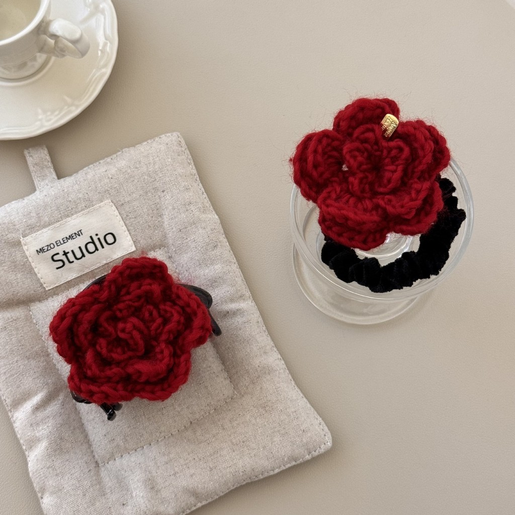 Kovoi/retro Red Rose Gold Label แหวนผมกํามะหยี่ Classy All-Match ขนสัตว์ดอกไม้ยางรัดหัวเชือก High-End อุปกรณ์เสริมผม Headdress