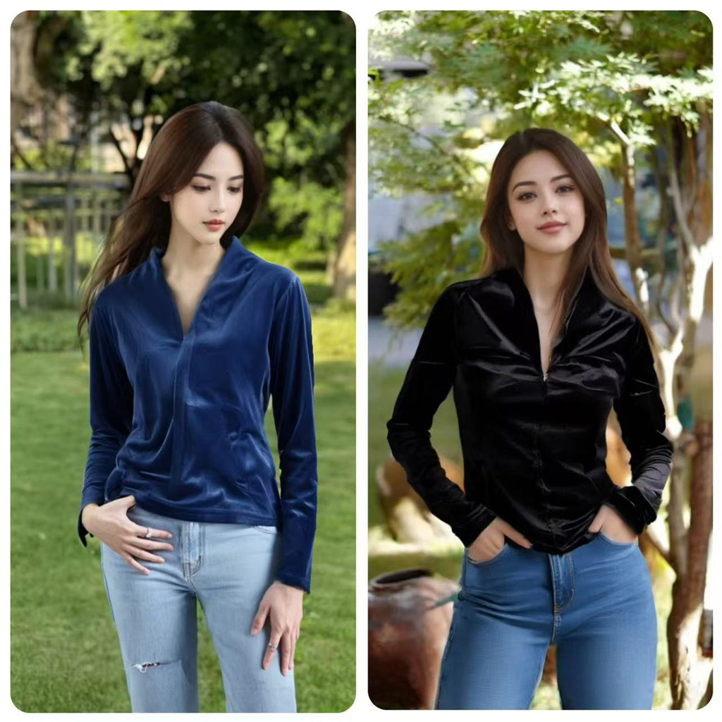 เสื้อยืดคอวีแขนยาวสีดำ ผ้ากำมะหยี่ สไตล์เซ็กซี่