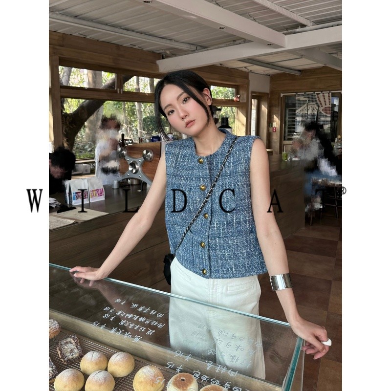 ฤดูใบไม้ผลิฤดูร้อนสไตล์ใหม่สีฟ้าสไตล์ชาแนลเสื้อกั๊กแจ็คเก็ตเสื้อกั๊กสวมใส่ด้านนอกฝรั่งเศสด้านบนผู้หญิง