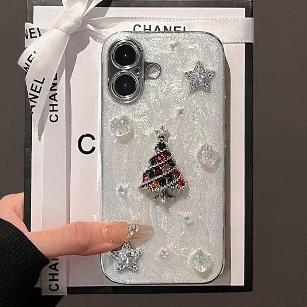 Star Christmas Tree ชุบเรซิ่น Anti fall เลนส์ป้องกันเคสโทรศัพท์สําหรับ iPhone 16 Pro Max 16 Plus 15 Pro Max 14 15 13 12 Pro Max 11 กันกระแทกป้องกันปลอก
