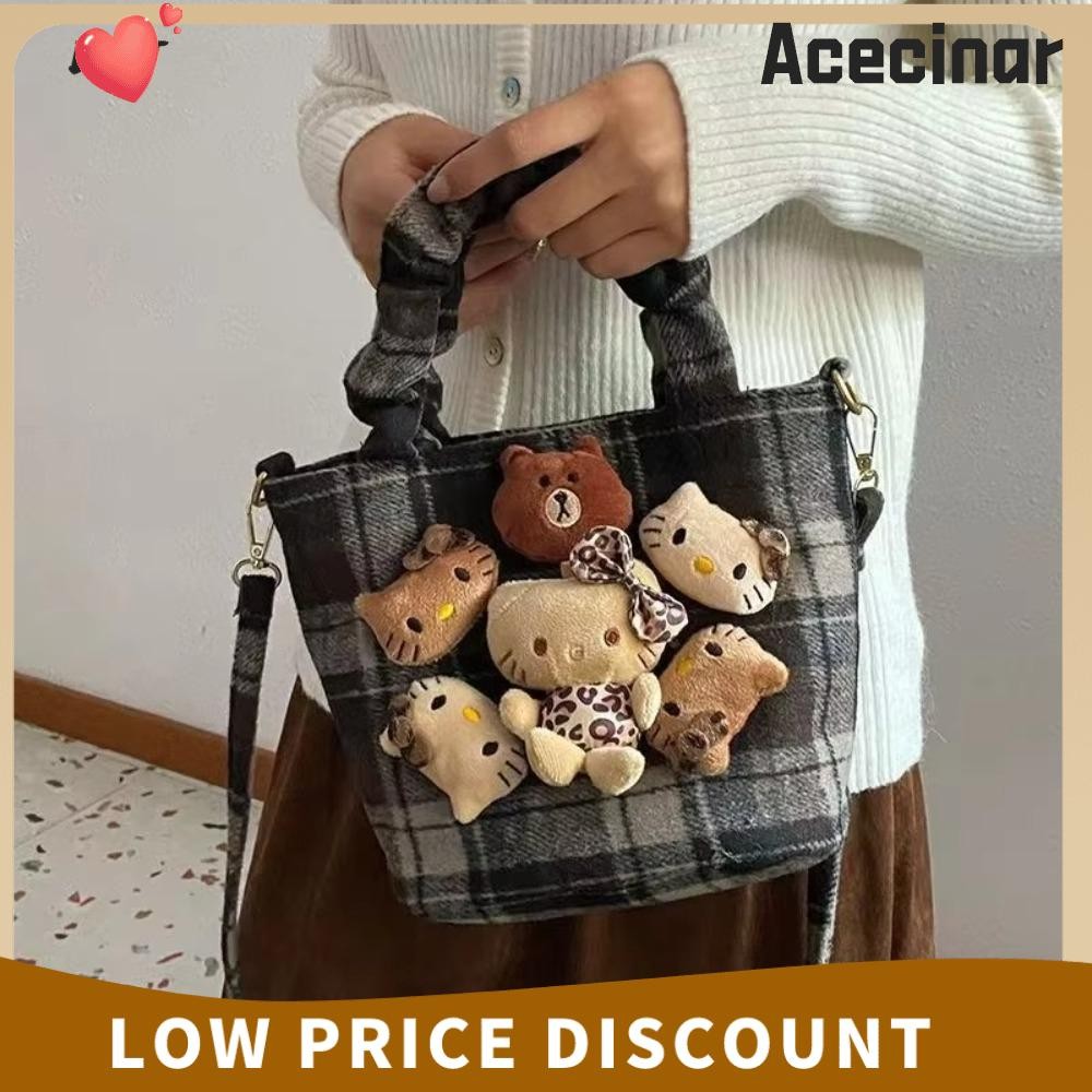 Acecinar กระเป๋าถือ,การ์ตูน Sanrio Grid Stripe Crossbody กระเป๋า,คุณภาพสูงตุ๊กตาออกแบบขนาดใหญ่ Cpaacity กระเป๋าสะพายสําหรับผู้หญิง