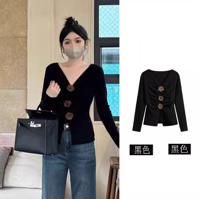 NZN สไตล์เกาหลีสีดําสามมิติดอกไม้คอวีสลิมเสื้อยืดแขนยาวบางด้านบน