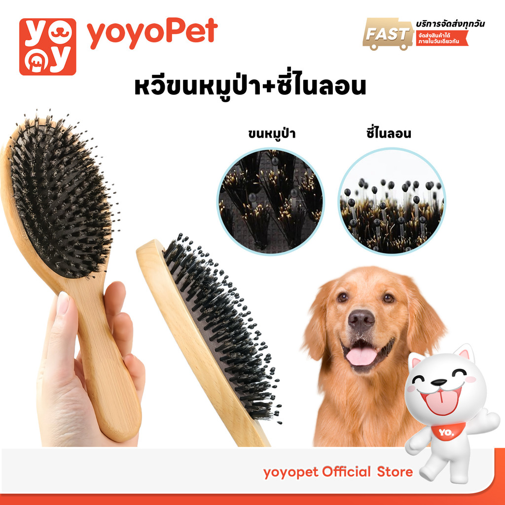 yoyopet : Boar-Bristle Brush หวีขนหมูป่า แปรงขนหมูป่า หวีสางขนสัตว์เลี้ยง ขนเงางาม ลดขนฟู แปรงหวีขน แปรงนวด