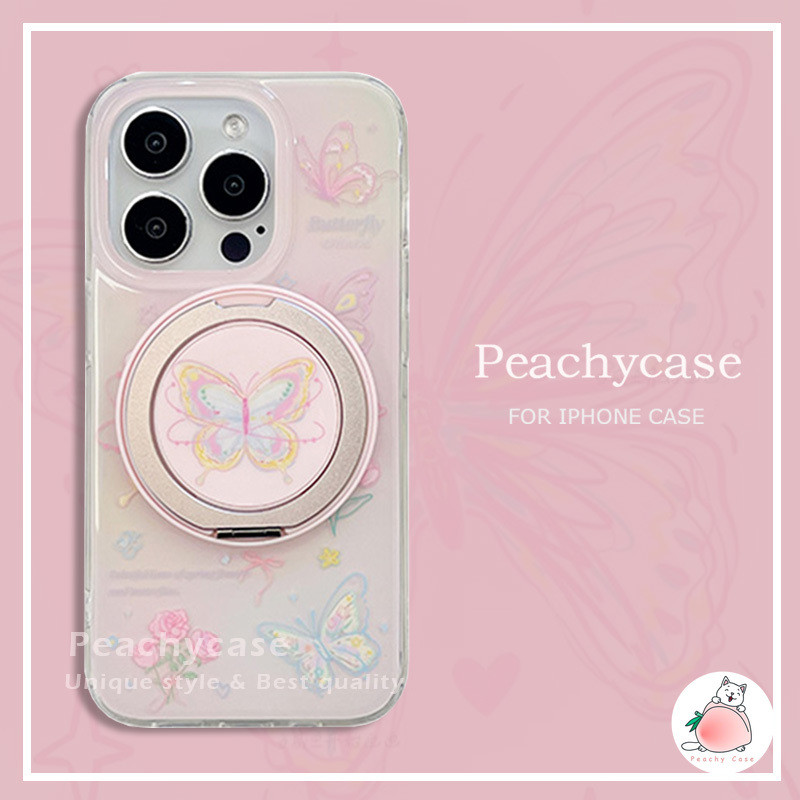 Ins สีชมพู Rose ดอกไม้ผีเสื้อพับผู้ถือแม่เหล็กไร้สายชาร์จเคสโทรศัพท์สําหรับ iPhone 16 15 14 13 12 Pro Max Anti-scratch IMD ฝาครอบปลอก