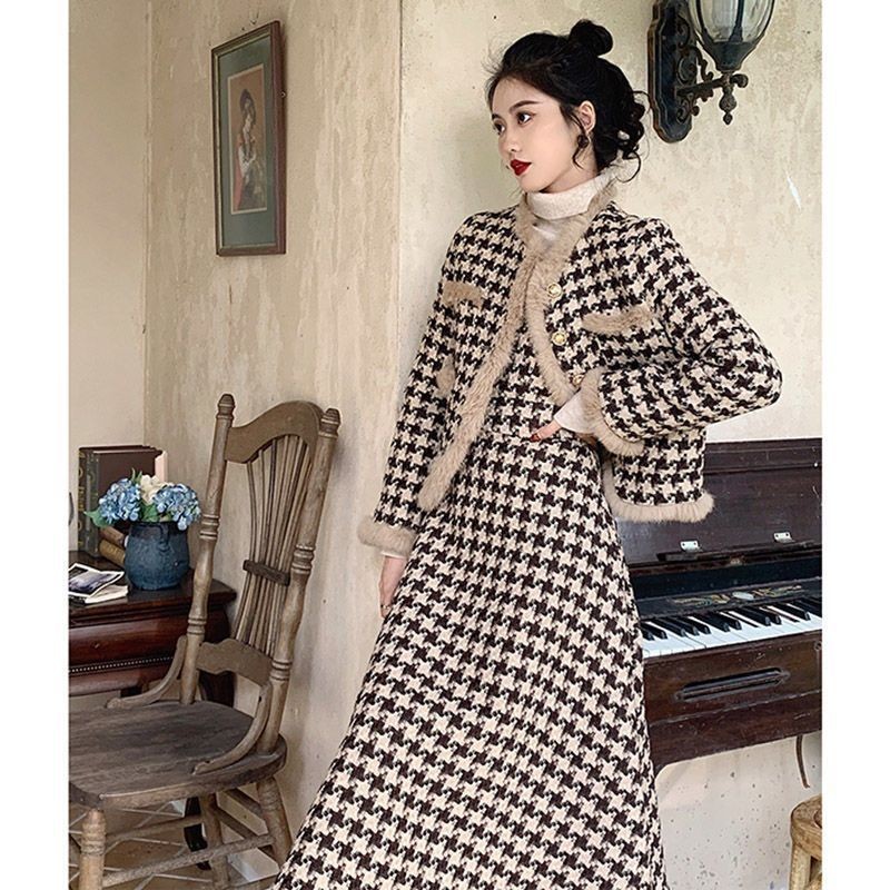 ขนาดใหญ่ฤดูหนาว Classy Celebrity Chanel สไตล์ Houndstooth ขนแกะซับหนาแจ็คเก็ตหญิงไขมันมม.ชุดสลิงสอง @