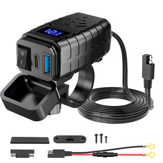 Universal Motorcycle Cellphone Usb Charger Pd3.0 Qualcomm Fast Charge Qc3.0 Digital Voltmeter With Switch Sae Waterproof Type C