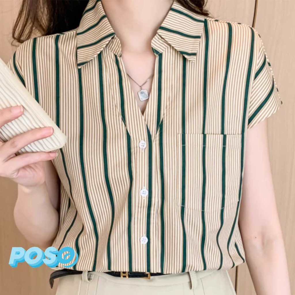 เสื้อเชิ้ตแขนสั้นคอวีลายทาง ผ้าชีฟอง สวยหรู ลดอายุ