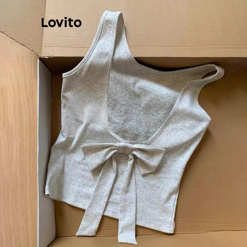 Lovito เสื้อกล้ามผู้หญิง เปิดหลัง แต่งโบว์ด้านหลัง สีพื้น สไตล์ลำลอง LNE61001
