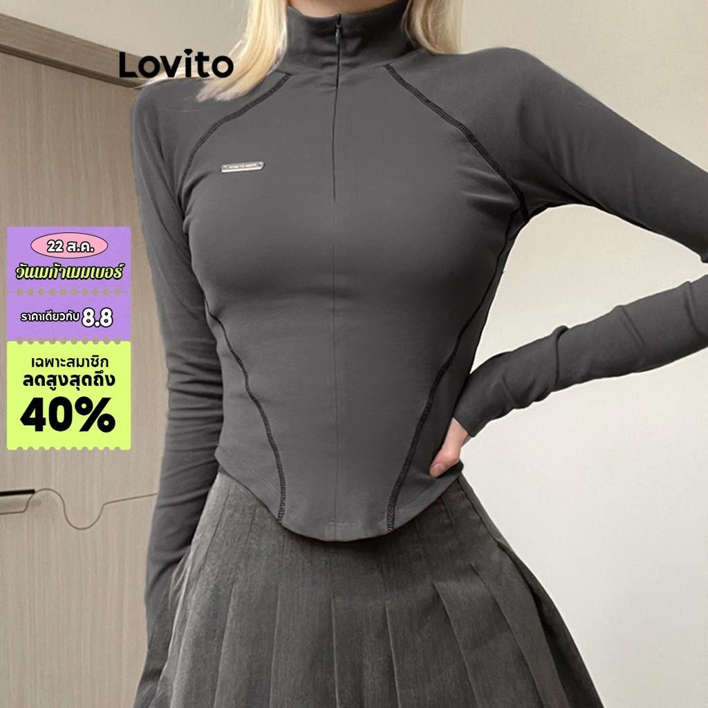 Lovito เสื้อยืดกีฬา มีซิป สําหรับผู้หญิง LNL56334
