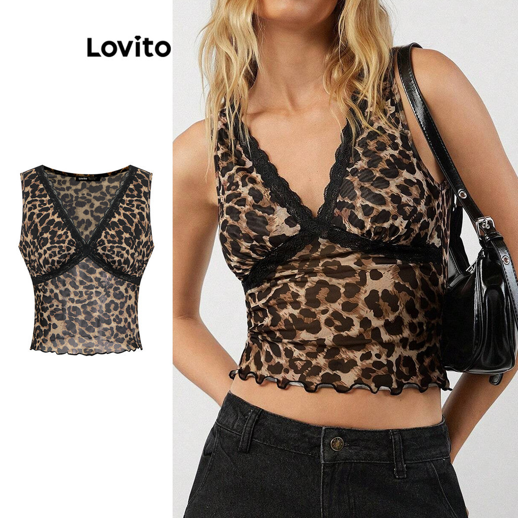 Lovito เสือดาวที่สง่างามตัดกันตาข่าย นัวเนีย คอเสื้อกล้ามสำหรับผู้หญิง L99ED842
