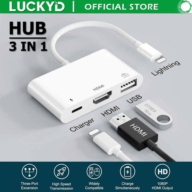 Luckyd 3 IN 1 multifunction OTG hub,Lightning/type c to HDMI + USB 3.0 พร้อมพอร์ตชาร์จเข้ากันได้กับด