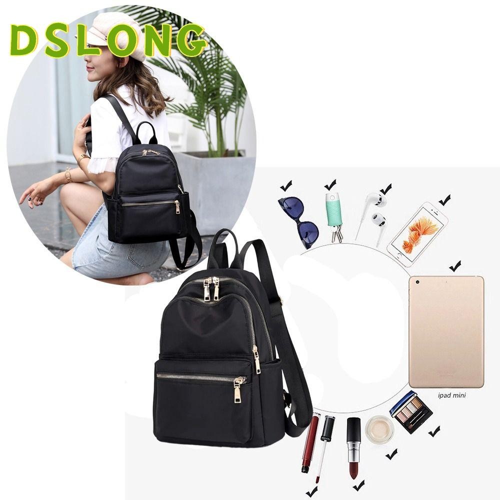 DSLONG กระเป๋าเป้สะพายหลัง กระเป๋านักเรียน มีซิป สีดํา แฟชั่นสําหรับผู้หญิง