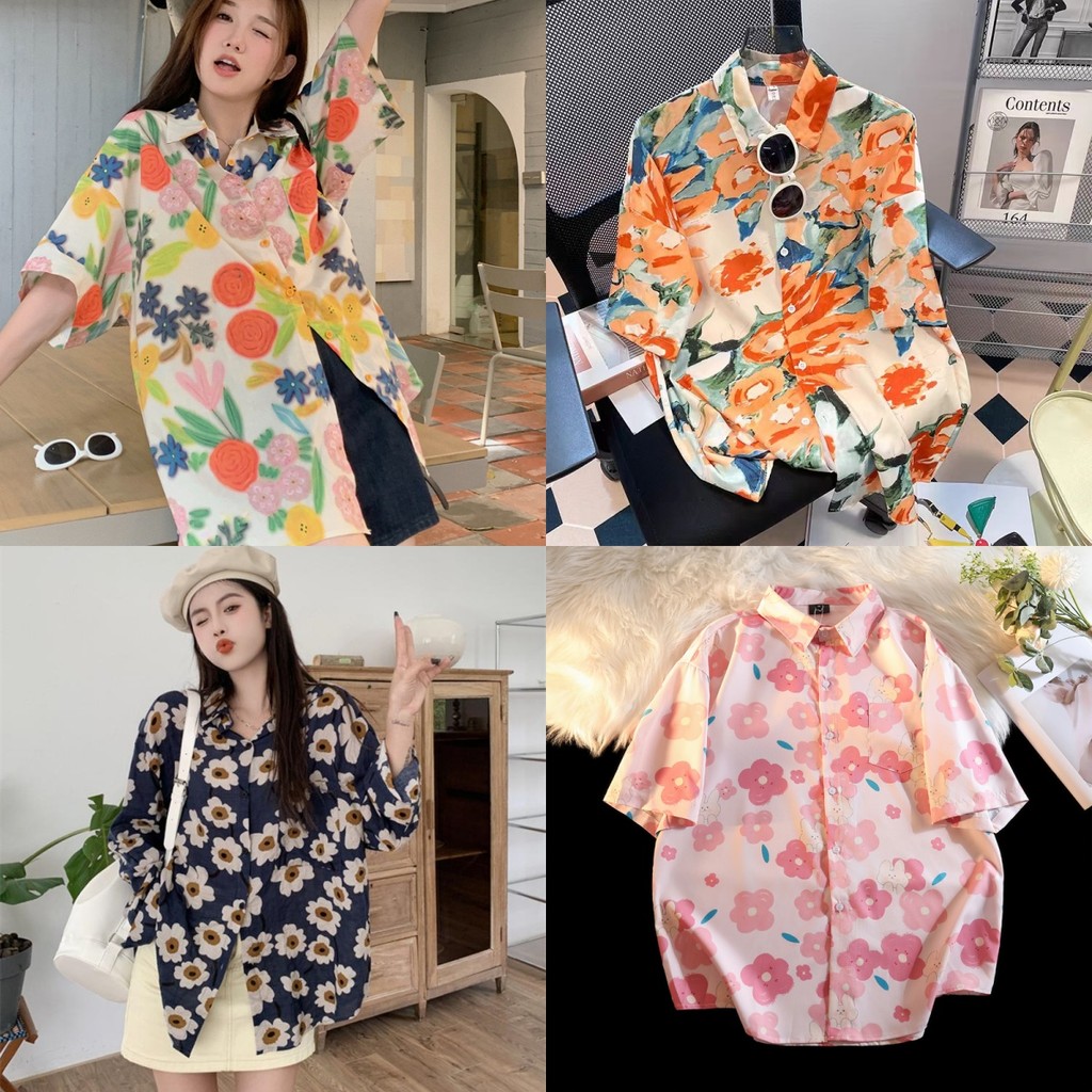 Beryl 🌻เสื้อลายดอก เสื้อพิมพ์ลายทรงหลวม สไตล์ญี่ปุ่น ฮ่องกง  เสื้อเชิ้ตแขนสั้นลำลองสไตล์วันหยุด