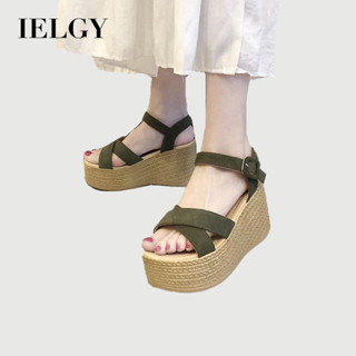 IELGY ส้นเตารีดสีเขียวโบฮีเมียนรองเท้าแตะผู้หญิงฤดูกาลใหม่อเ…