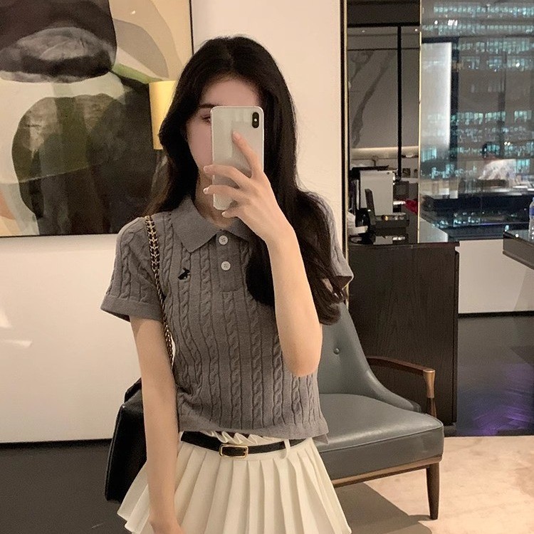 GAKKI เสื้อยืดคอโปโลแขนสั้นผ้าถักสำหรับผู้หญิง เสื้อยืดแขนสั้นผู้หญิง รุ่น  32198-2#