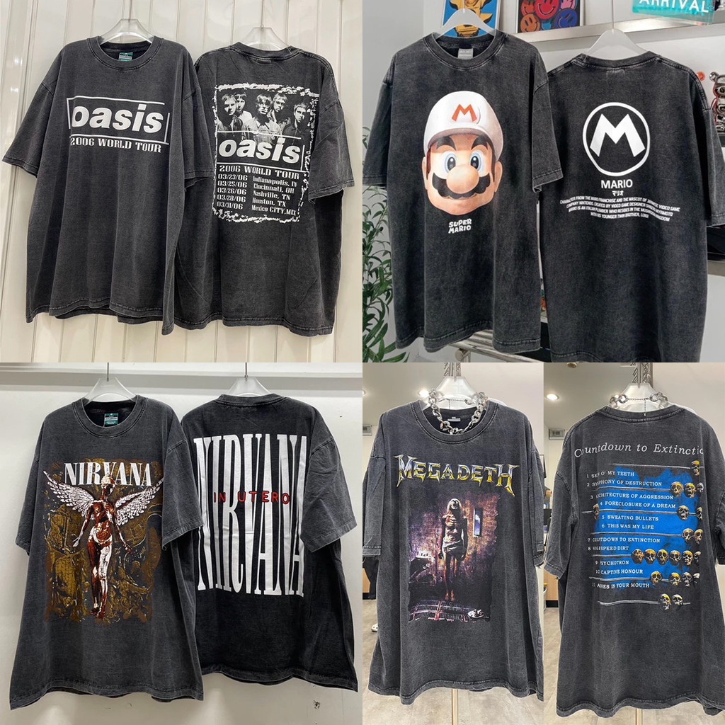 Pofloret พร้อมส่ง~ เสื้อยืดฟอก ลายวินเทจ แนวสตรีท แขนสั้นคอกลม ผ้าเนื้อนุ่ม สวมใส่สบาย J000588