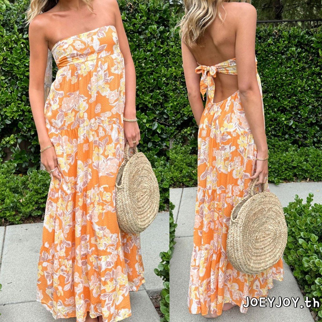 Joeyjoy-ชุดเดรสลําลองสําหรับสตรีพิมพ์ลายดอกไม้ฤดูร้อนแบบผูกเดรสทรงเอยาวเปลือยหลัง