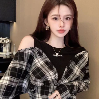ชุดเสื้อเชิ้ตแขนยาวลายตารางสำหรับผู้หญิง แบบสองชิ้น คอวี ลายเย็บปะติดปะต่อ ฤดูใบไม้ร่วง สไตล์ ABTG APLW