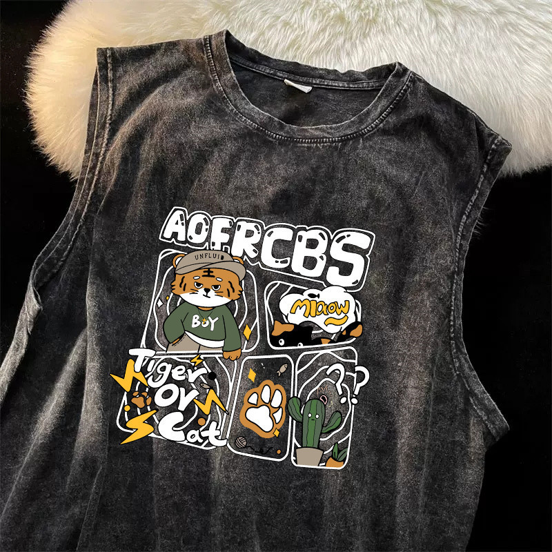 UT shop🚀 เสื้อกล้าม แขนกุด oversize ผ้าฝ้าย100% เสื้อแขนกุด แฟชั่น แนวสตรีท"AOFRCBS Tiger"เสื้อ ผู้ชาย เสื้อสีขาว