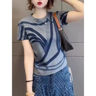 ฤดูร้อนของผู้หญิงใหม่แฟชั่นลําลองลายพิมพ์รอบคอครึ่งแขนเสื้อด้านบนเสื้อยืด