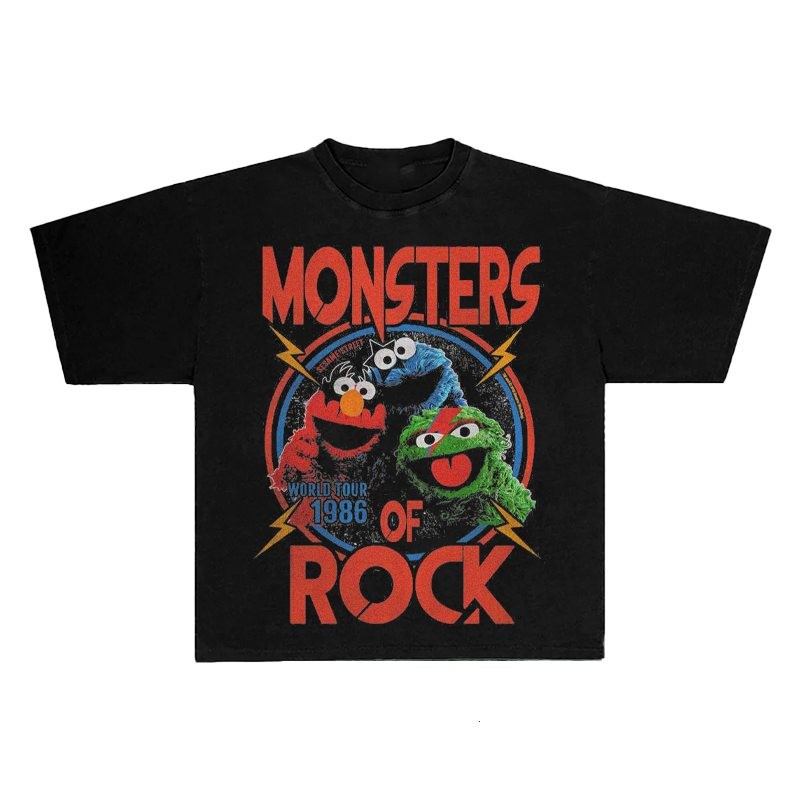 Hiphop rapper streetwear การ์ตูนเย็น Sesame Street พิมพ์แขนสั้นหลวมขนาดใหญ่สบายๆเสื้อยืดอเนกประสงค์