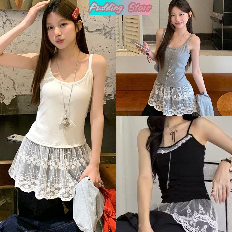Pudding Store~พร้อมส่ง' สื้อสายเดี่ยว Heavy Industrial Hook ดอกไม้ลูกไม้ Tulle กระโปรง Splice Halter