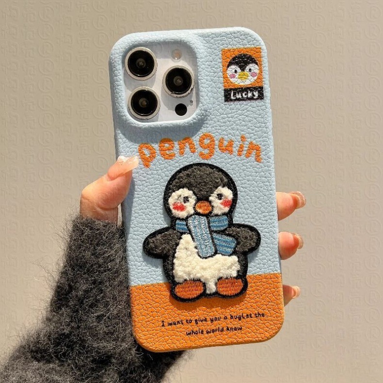 ใช้งานร่วมกับสําหรับ iPhone 15 14 13 12 11 Pro MAX X XR XS MAX 7 8 Plus น่ารักผิวรูปแบบสัตว์เล็กเพนกวินการ์ตูนเย็บปักถักร้อยเคสโทรศัพท์ปกอ่อน - รูปที่ 3