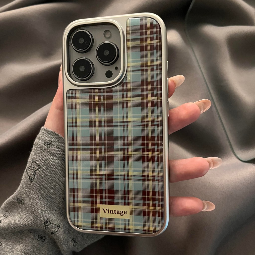 Huiwanju ลายสก๊อตสีตัดกัน Epoxy สําหรับ iPhone16promax เคสโทรศัพท์มือถือ iP15pro กรอบเงิน 14 ใหม่ 13 ง่าย 12 ขั้นสูง 11