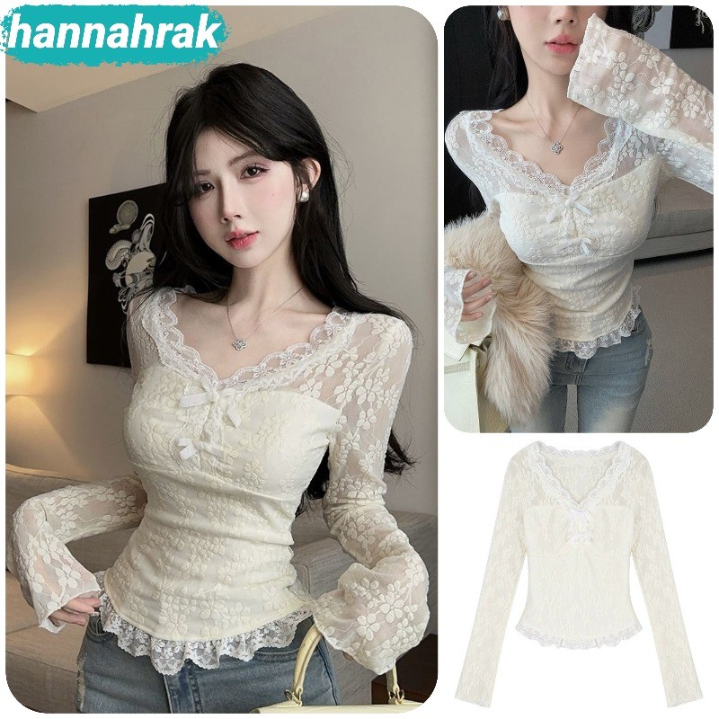 (ส่งจากกรุงเทพฯ)เสื้อแขนลูกไม้สไตล์เกาหลีผู้หญิง คอวี ผ้าลูกไม้สวยมากเสื้อสีขาวแขนยาว เรียบๆ​แต่สวย