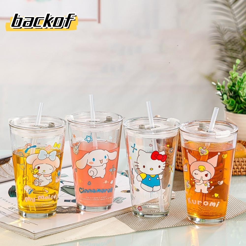 Backof ถ้วยน้ําแก้วฟาง, ถ้วยกาแฟการ์ตูน Sanrio 400 มล., สไตล์ INS Kuromi Melody พร้อมฝาปิดแก้วขวดน้ําของขวัญ