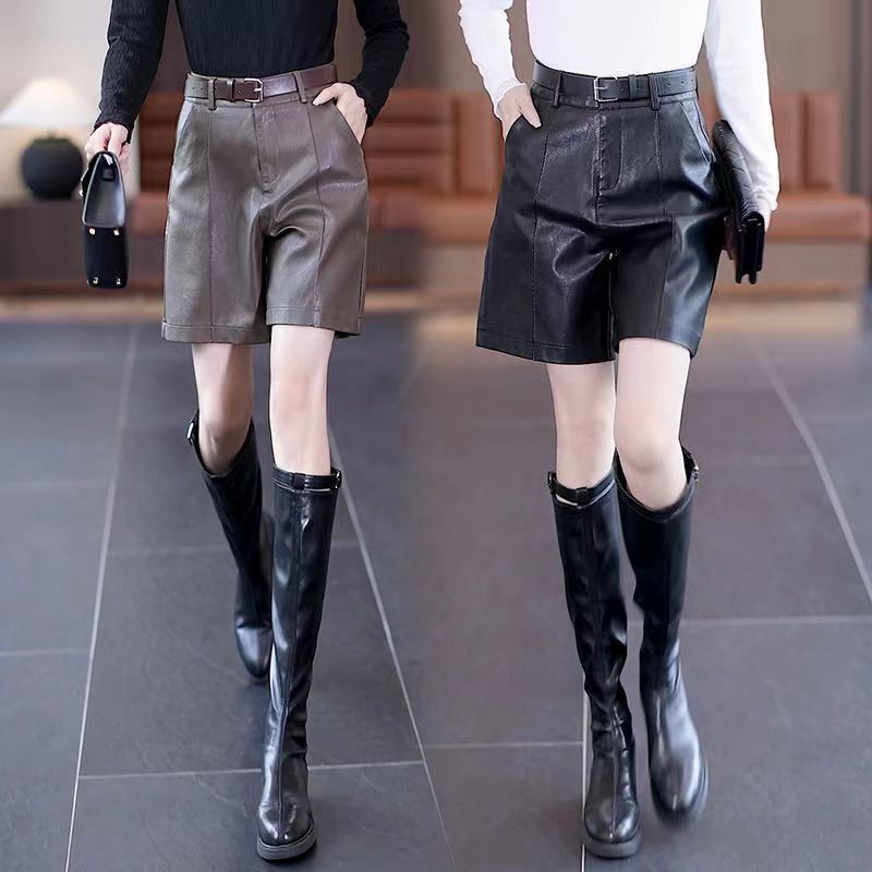 กางเกงขาสั้นหนังผู้หญิงใหม่หลวมเอวสูงบางเกาหลีขากว้าง