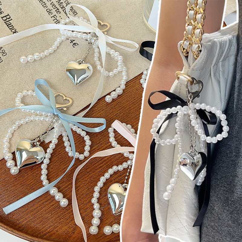 Pearls Bead String Bowknot Keyring เครื่องประดับแฟชั่น-ประณีตริบบิ้นโบว์รูปหัวใจจี้พวงกุญแจ