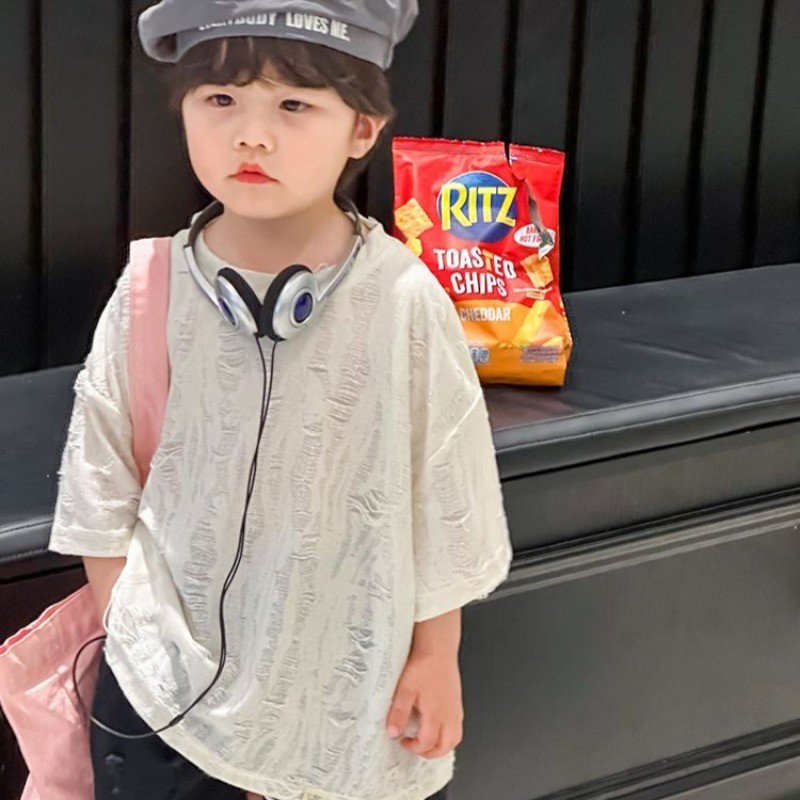 Kidเสื้อยืดรอบคอแขนสั้นบางหลวมTเสื้อธรรมดาHole Breaking Design Topsแฟชั่นเด็กสาวUnisexสวมใส่