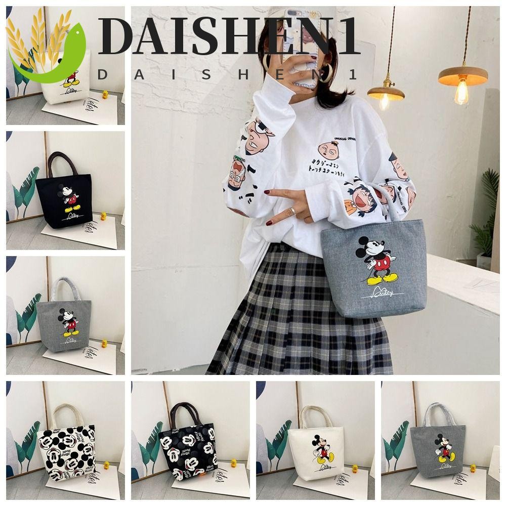 Daishen1 กระเป๋าสะพายไหล่ ผ้าแคนวาส ทรงโท้ท ขนาดใหญ่ จุของได้เยอะ ลายการ์ตูนมิกกี้เมาส์น่ารัก มีซิป สําหรับนักเรียน