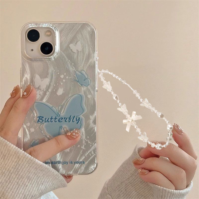 GOOD จากประเทศไทย เคส ไอโฟน ขนนกสีเงิน อ่อนนุ่ม TPU สำหรับ iPhone 11 15 12 14 13 Pro Max 14PLUS/15PLUSผีเสื้อ สีน้ำเงิน