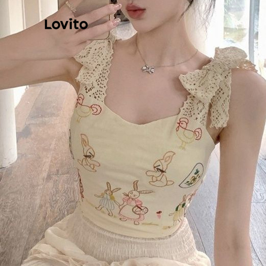 Lovito เสื้อแขนกุดผู้หญิง มีลายการ์ตูน ผูกเชือก สไตล์ลำลอง LNA54074