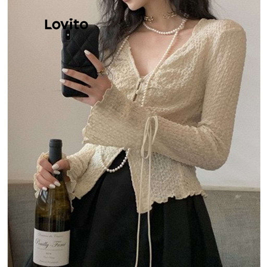 Lovito เสื้อเบลาส์ เชือกผูก กระดุมติด สีพื้น สไตล์ลำลอง สำหรับผู้หญิง LNA17214 (สีแอปริคอท)