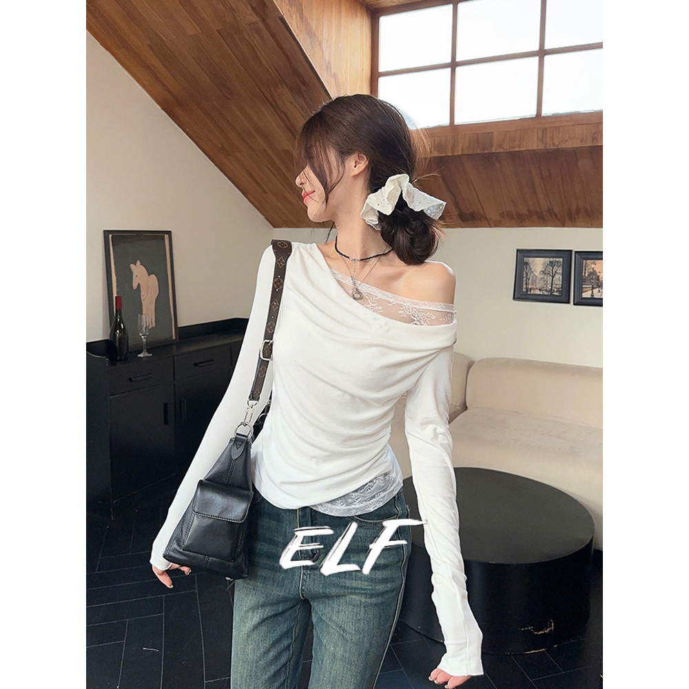 ELFwoo แฟชั่นผู้หญิงบริสุทธิ์ปรารถนาสไตล์ข้ามไหล่แขนยาวสลิมมิ่งปิดไหล่