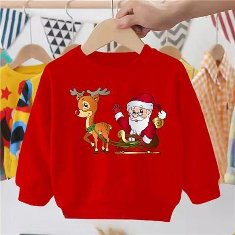 เสื้อฮู้ดแขนยาวสีแดงแสนสบายสําหรับเด็กพร้อมดีไซน์ซานตาคลอสและกวางเรนเดียร์ขี้เล่นสําหรับคริสต์มาส